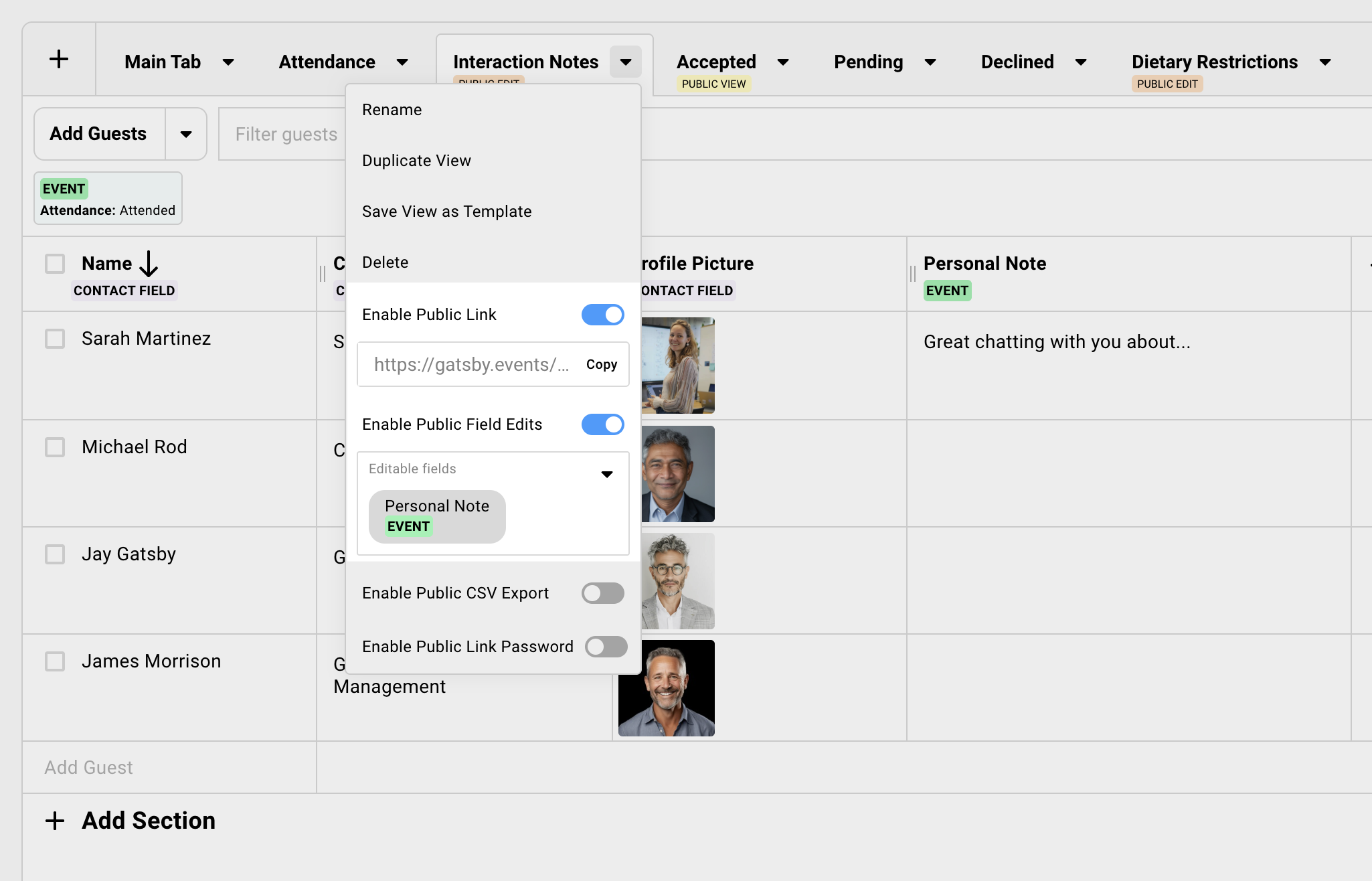 Gatsby allows you share your guest list externally and allow editing of certain information without having to login