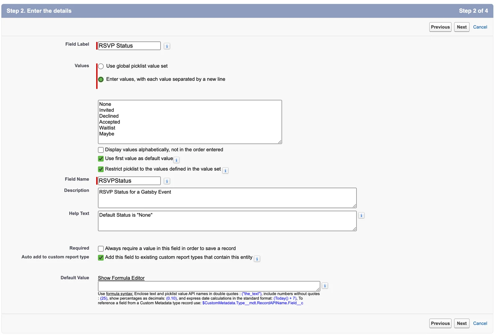 Salesforce Object Manager showing field creation for RSVP Status picklist on Campaign Member